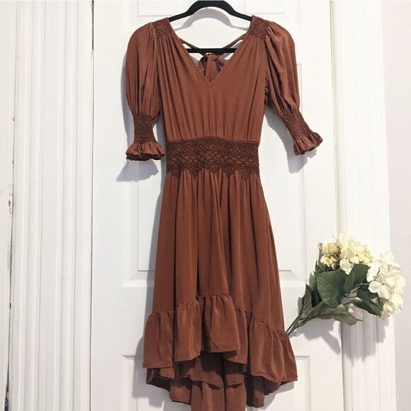 Love Sam Blixen Smocked Dress Cognac Silk Boho - Picture 7 of 12